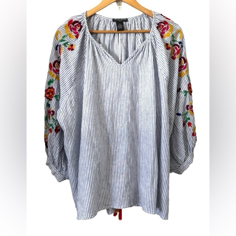 Chelsea & Theodore blu strp w embr & tassel linen/cotton blnd top SZ 3X peasant